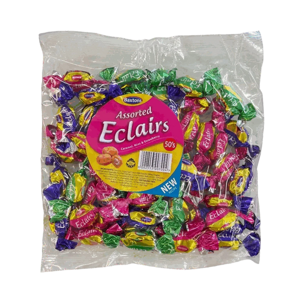 Baxtons Assorted Eclairs 50s pack with caramel, mint, and strawberry flavors individually wrapped for sharing