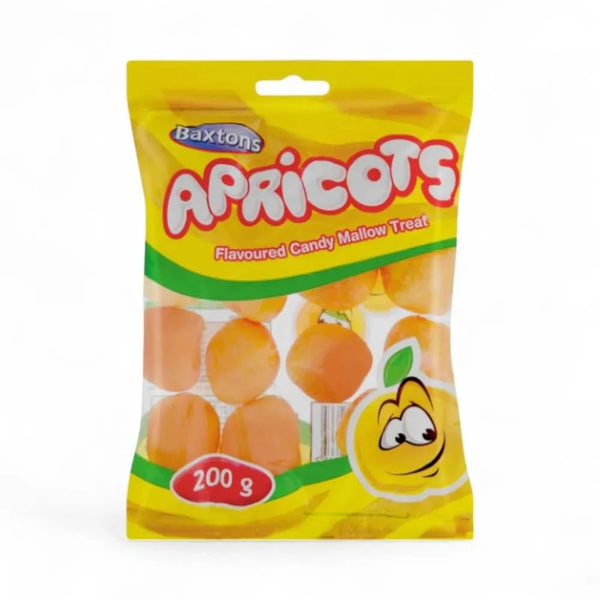 Baxtons Apricots candy mallows in 200g resealable bag with vibrant packaging.