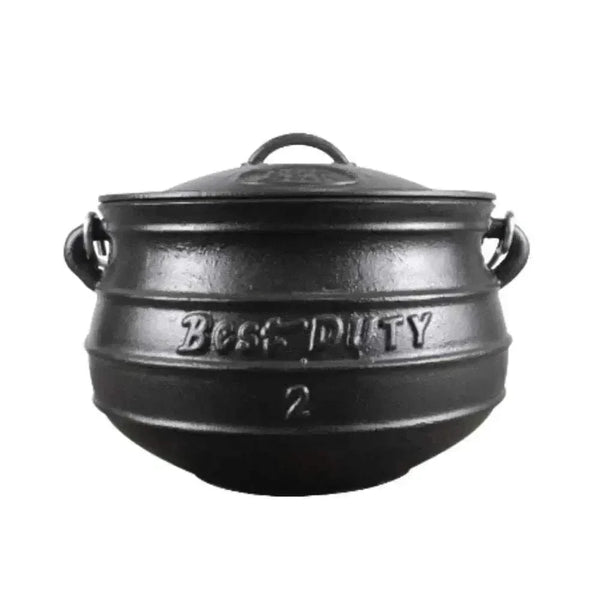 Cast iron Best Duty Potjie flat-bottom pot with lid and handle, 6.0L capacity for versatile cooking
