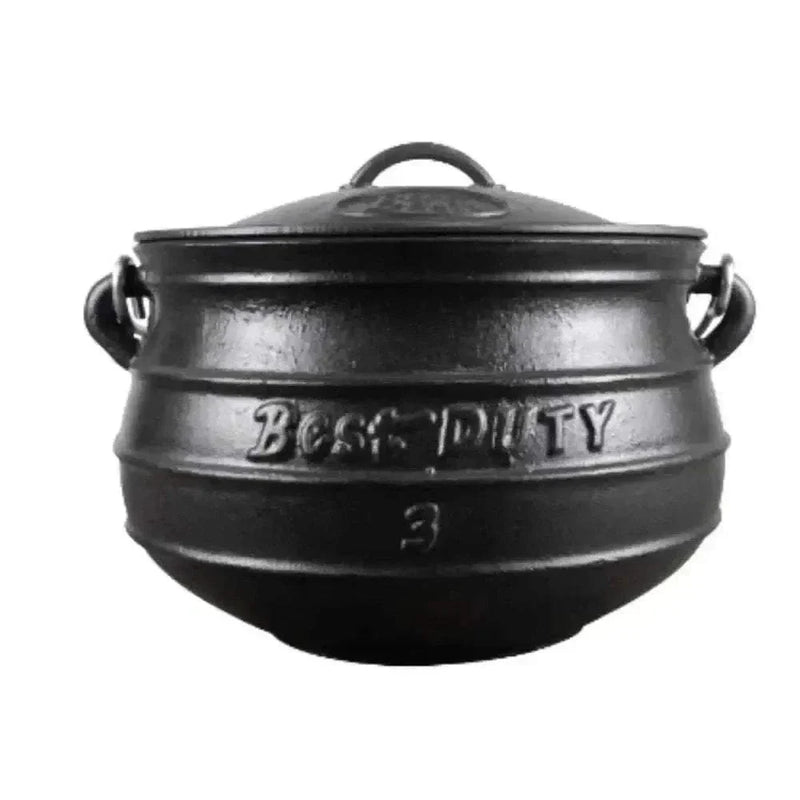 Cast iron Best Duty Potjie flat pot with lid and handle, 7.8L capacity for outdoor cooking