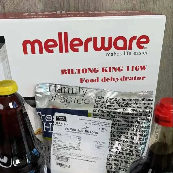 Mellerware Biltong Dryer Starter Kit with spices and hooks for homemade biltong drying