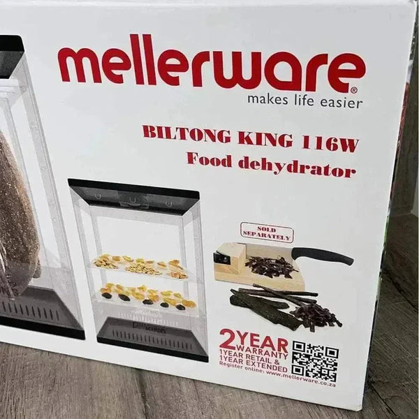 Mellerware Biltong Dryer with hanging rods, drying shelves, and continuous airflow for homemade biltong and dried fruit.