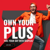 Energetic man celebrating against red background promoting Bioplus Syrup 500ml for energy and focus boost