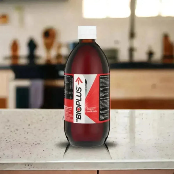 Bioplus Syrup 500ml bottle for energy, focus, and fatigue relief with caffeine and B vitamins