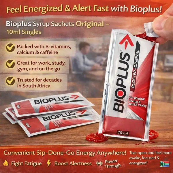 Bioplus Original 10ml syrup sachet energy booster with B-vitamins, calcium, and caffeine