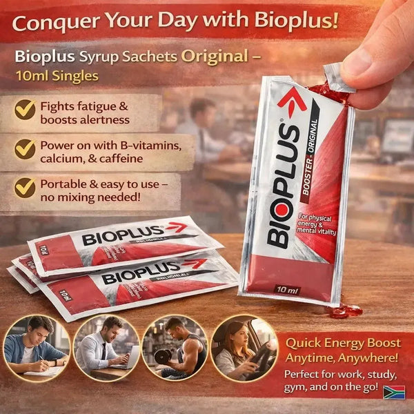 Bioplus Syrup Sachets Original 10ml single-use energy booster with B-vitamins, calcium, and caffeine