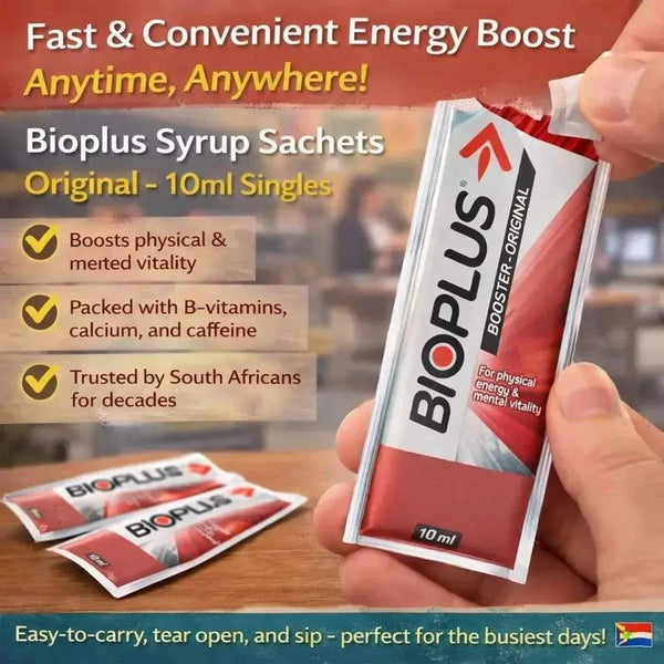 Bioplus Syrup Sachets Original 10ml single-use energy booster with B-vitamins, calcium, and caffeine