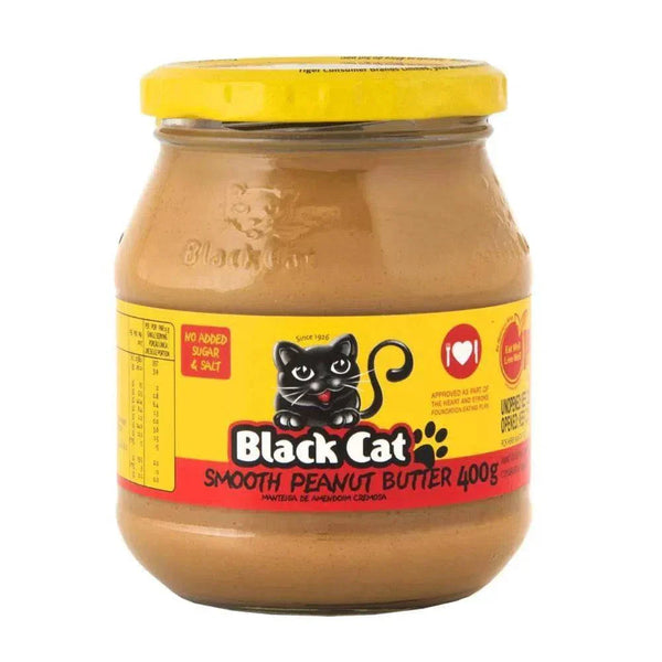 Black Cat Peanut Butter Smooth 400g jar with no added sugar or salt, high protein peanut butter spread