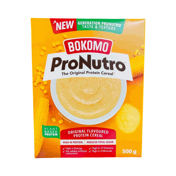 Bokomo ProNutro Original 500g protein cereal box with nutritional info and product details