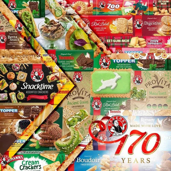 Bakers Boudoir Original Finger Biscuits - 200g packaging surrounded by various Bakers products celebrating 170 years.