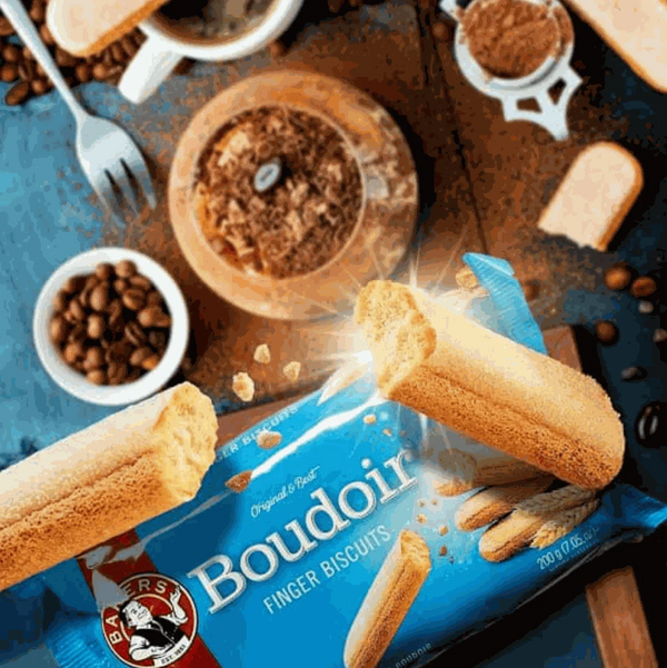 Bakers Boudoir Original Finger Biscuits - 200g pack with crispy, buttery biscuits and coffee.