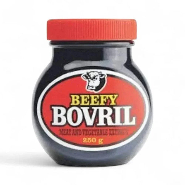 Bovril Beefy Bovril 250g jar with red lid and logo.
