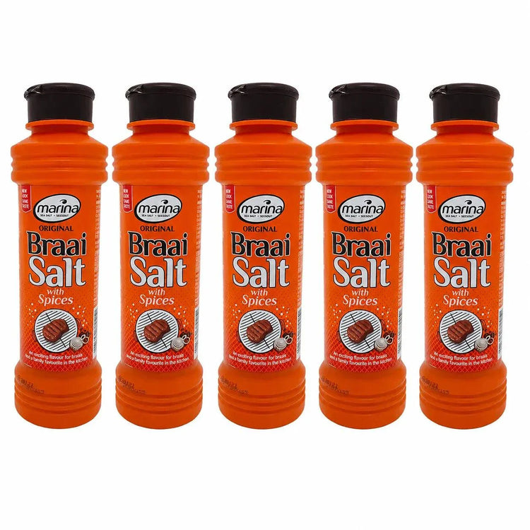 Pack of 5 Marina Original Braai Salt 400g shaker bottles with seasoned sea salt and spices for braaiing and grilling