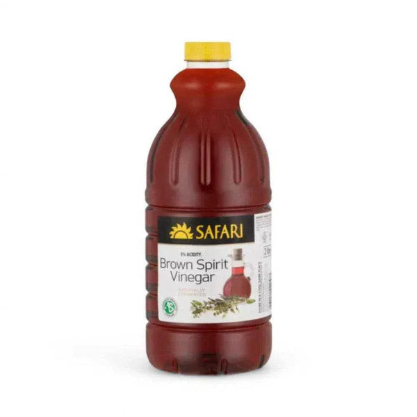 Safari Brown Vinegar 2L bottle with a vibrant label, ideal for enhancing salads and chicken dishes.