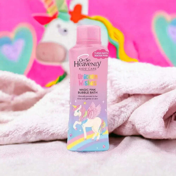 Oh So Heavenly Kids Care Unicorn Wishes bubble bath bottle with pink background and unicorn illustration