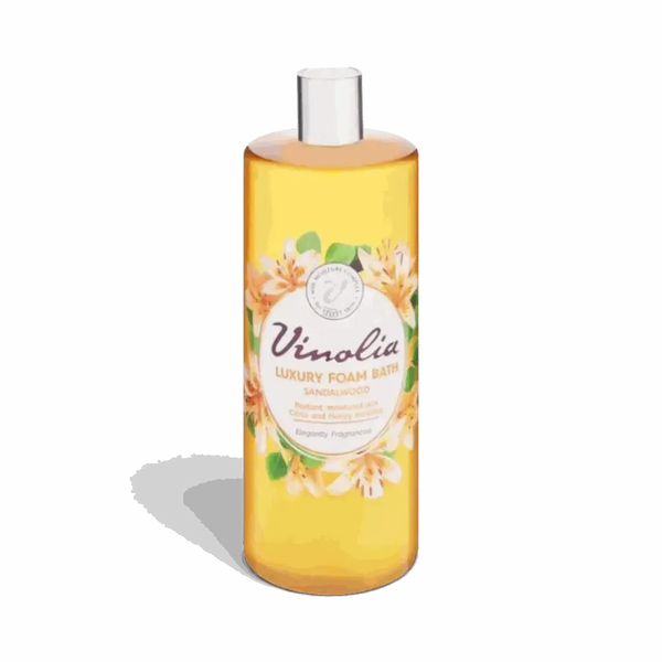 Vinolia Sandalwood bubble bath foam in 1L bottle with moisturizing complex and citrus honey extracts