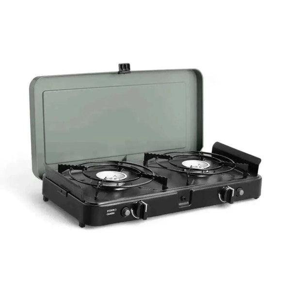 CADAC 2 Cook 3 Pro portable dual burner gas barbecue with flat and ribbed cooking plates for outdoor grilling and frying