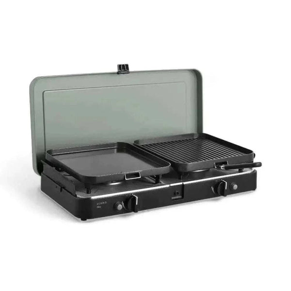 CADAC 2 Cook 3 Pro portable dual-burner gas barbecue with flat and ribbed GreenGrill plates for versatile outdoor cooking