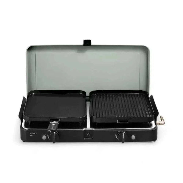 CADAC 2 Cook 3 Pro portable gas barbecue with dual burners and flat and ribbed GreenGrill plates for versatile outdoor cooking