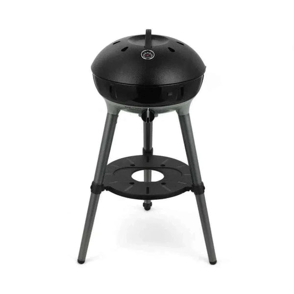 Portable CADAC Carri Chef 40 gas BBQ with dome lid, thermometer, quick-assemble legs, and carry bag for outdoor cooking.