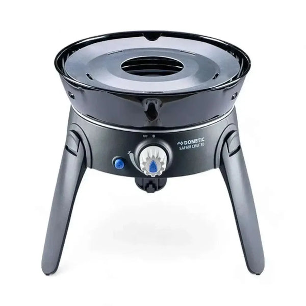 CADAC Safari CHEF 30 Cooker, portable with fold-away legs and interchangeable surfaces, ideal for camping.