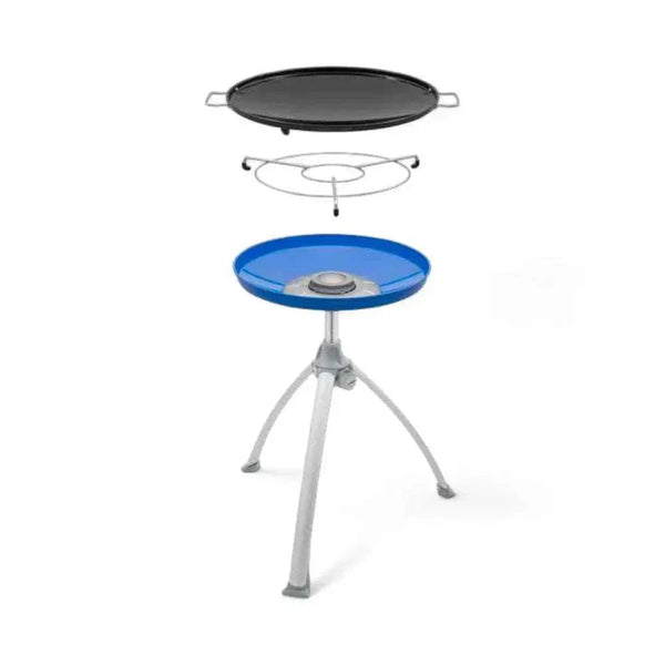 Portable CADAC Skottel Braai for versatile outdoor cooking, features robust design ideal for camping; lightweight, easy assembly, compliant with New Zealand gas standards.