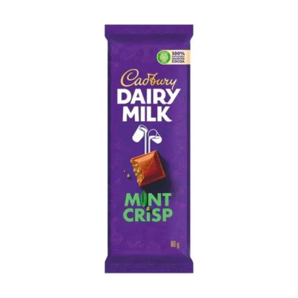 Cadbury Dairy Milk Mint Crisp 80g chocolate slab with creamy milk chocolate and mint crisps