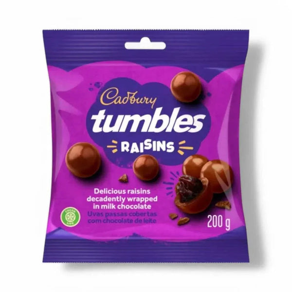 Cadbury Tumbles Raisins 200g pack featuring chocolate-coated raisins.