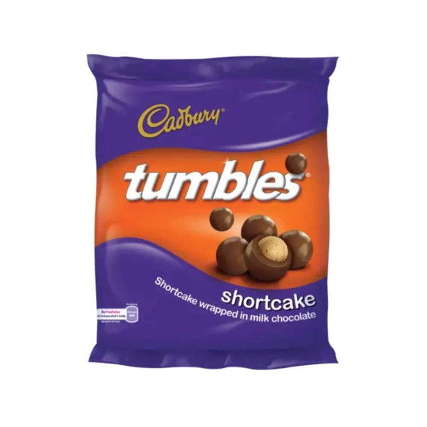 Cadbury Tumbles Shortcake 200g pack featuring milk chocolate-covered biscuit pieces.