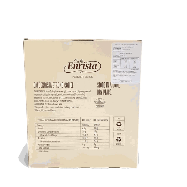 Cafe Enrista Coffee 3-in-1 Strong 500g box with nutritional info and storage instructions