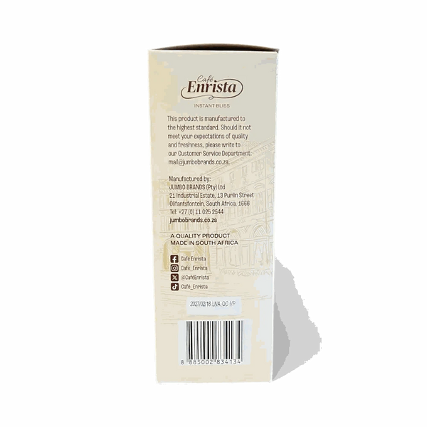Cafe Enrista Coffee 3-in-1 Strong 500g box with product details and barcode, made in South Africa
