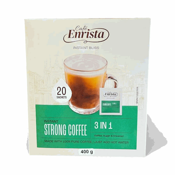Cafe Enrista Coffee 3-in-1 Strong instant coffee sachets 400g box with coffee, sugar, and creamer.