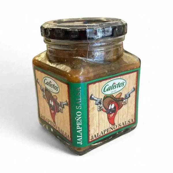Calisto's Jalapeno Salsa 250ml bottle with fresh jalapenos and spices