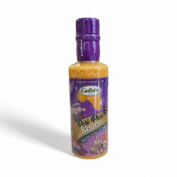 Calisto's Peri Peri Sauce Garlic 250ml bottle, bold garlic flavors, authentic Portuguese taste.