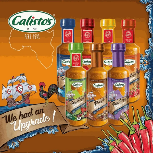 Calisto's Peri Peri Sauce Lemon & Herb 250ml bottle with lemon and chili accents