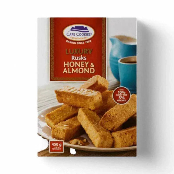 Cape Cookies Rusks Honey & Almond 450g pack with sweet, nutty flavor and crisp texture.