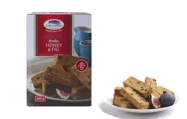 Cape Cookies Rusks Honey & Fig 450g pack with crunchy golden texture and natural honey and fig ingredients