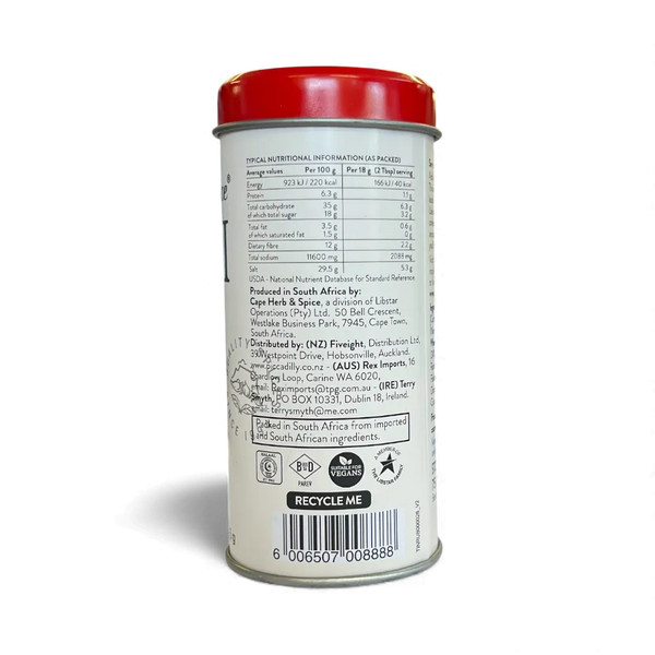 Cape Herb & Spice Chilli Crunch Seasoning 75g tin back view with nutritional info and ingredients, chilli seasoning jar