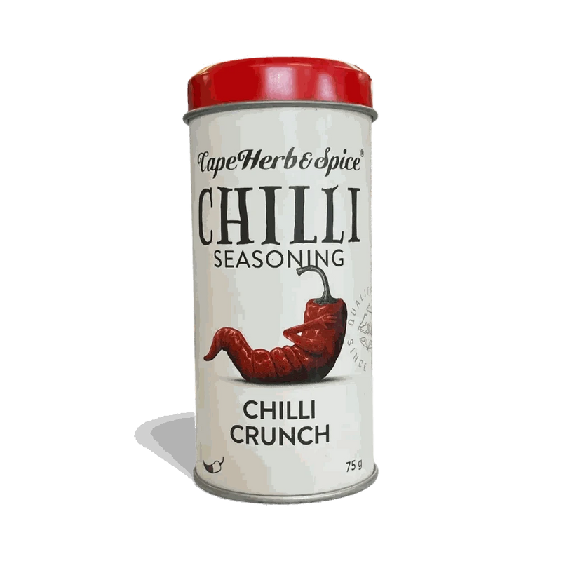 Cape Herb & Spice Chilli Crunch Seasoning 75g container with red lid featuring spicy chilli seasoning blend for enhancing food flavor