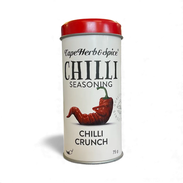 Cape Herb & Spice Chilli Crunch Seasoning 75g container with red lid featuring spicy chilli seasoning blend for enhancing food flavor