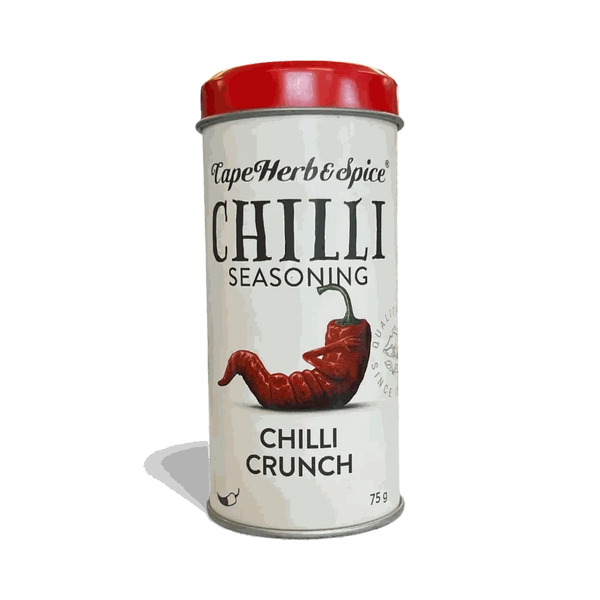 Cape Herb & Spice Chilli Crunch Seasoning 75g container with red lid featuring spicy chilli seasoning blend for enhancing food flavor
