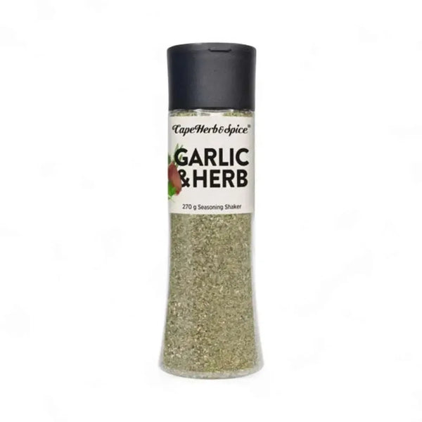 Cape Herb & Spice Garlic & Herb Shaker 275g bottle with seasoning blend for cooking meat, fish, and vegetables.