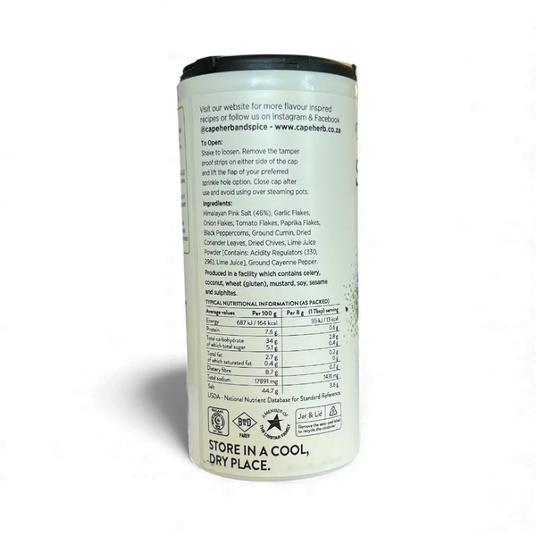 Cape Herb & Spice seasoning jar with nutritional info and ingredient details