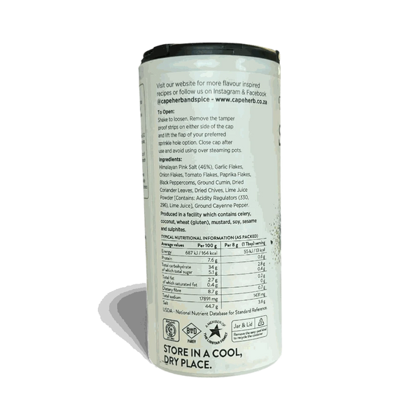 Cape Herb & Spice seasoning jar with nutritional info and ingredient details