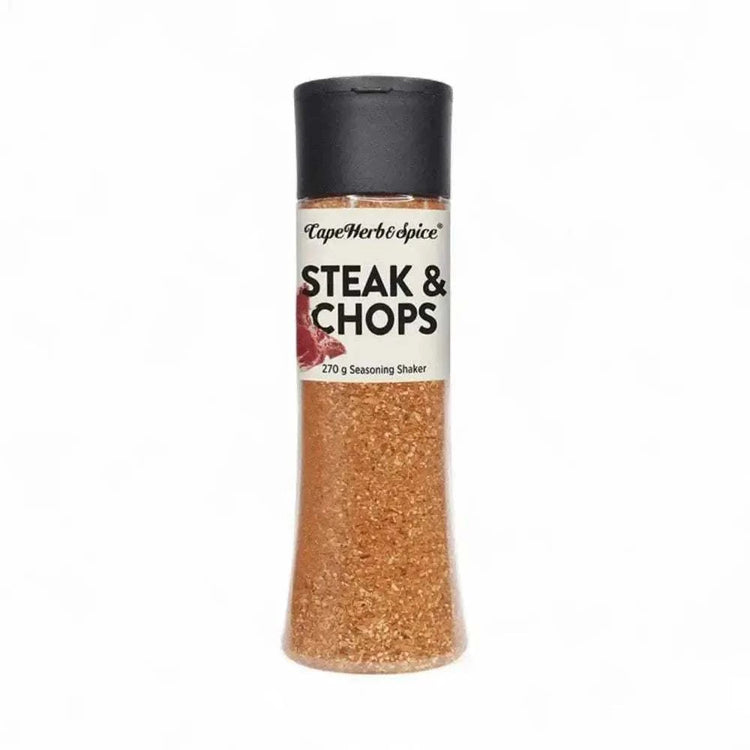 Cape Herb & Spice Steak & Chops BBQ seasoning shaker 270g with smoky, savory blend for grilling meats.