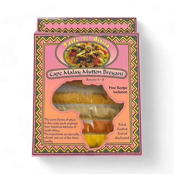 Taste of Africa Cape Malay Mutton Breyani spice mix packaging with recipe card