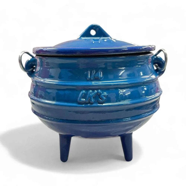 Traditional blue LK enamel cast iron pot with three legs, lid, and carrying handle, 0.7L capacity. Perfect for outdoor cooking and potjie dishes.