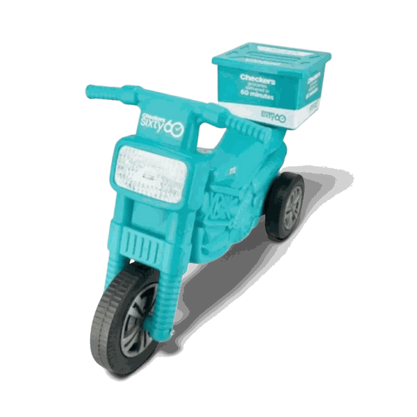Checkers Sixty60 teal plastic motorbike toy with three wheels and a delivery box for kids aged 2+