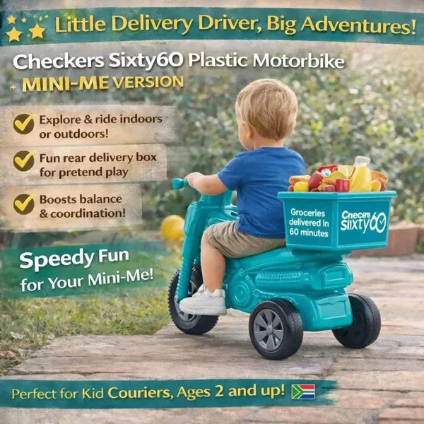 Checkers Sixty60 Teal plastic motorbike toy for kids with three wheels and delivery box