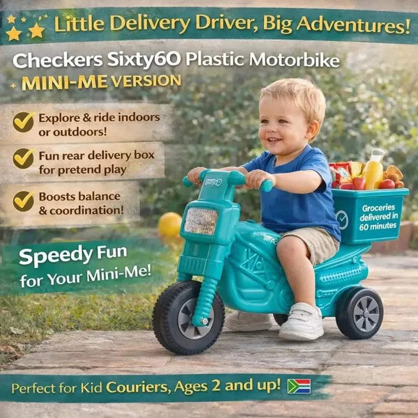 Checkers Sixty60 Teal plastic motorbike toy for kids with delivery box and three wheels